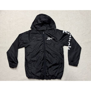 Reebok Youth Black Windbreaker Large 14-16 Full Zip Sporty Athleisure Outerwear